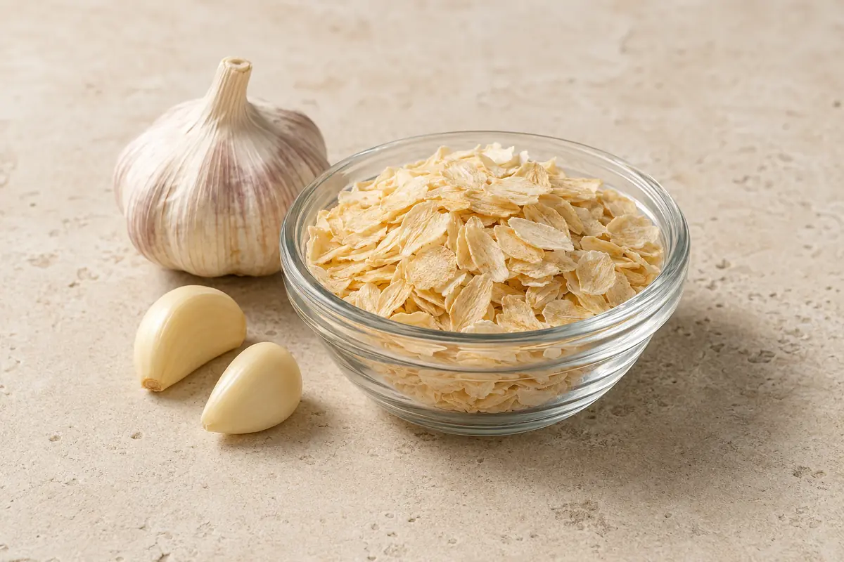 Dried garlic flakes in a glass bowl
