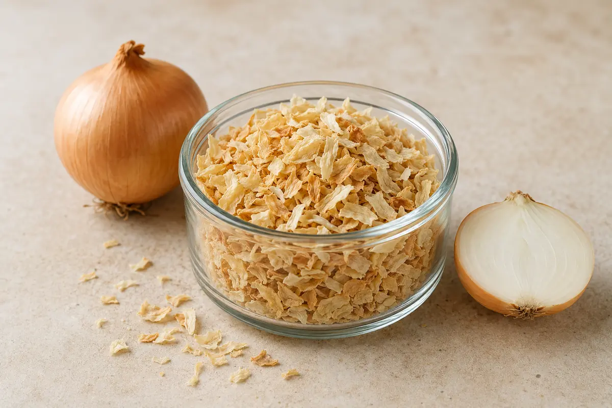Dried onion flakes in a glass bowl