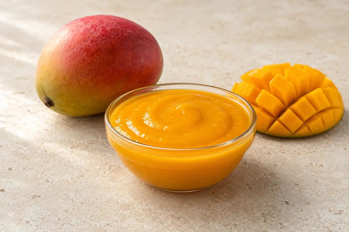 Mango puree in a glass bowl