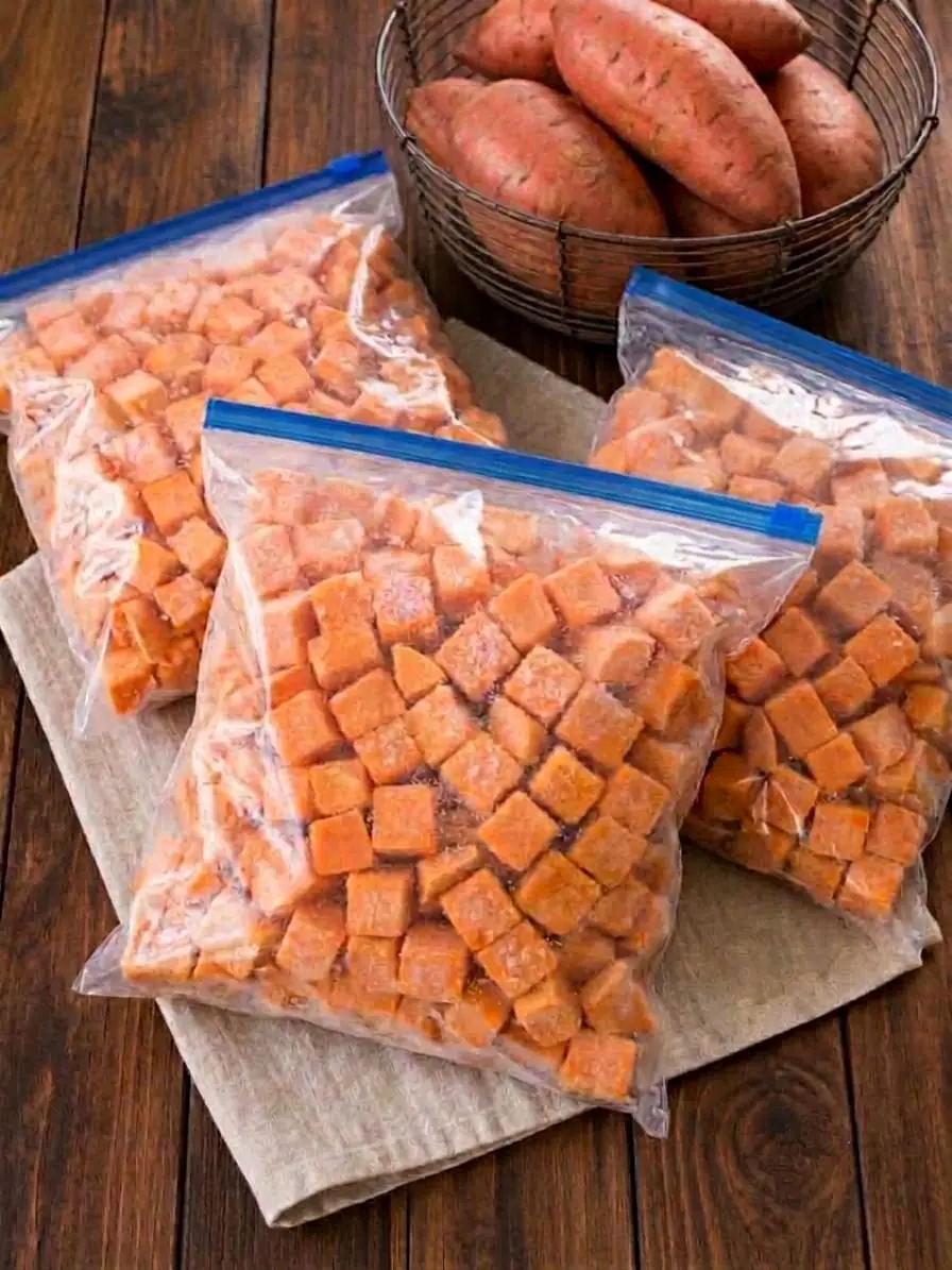Frozen sweet potato cubes with whole sweet potatoes